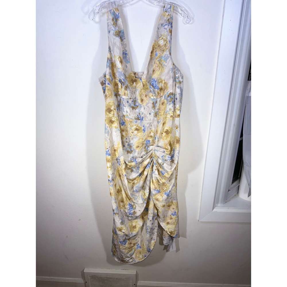 Floral V-Neck Ruched Midi Dress Gold Blue Cream Smocked Back Tulip Hem